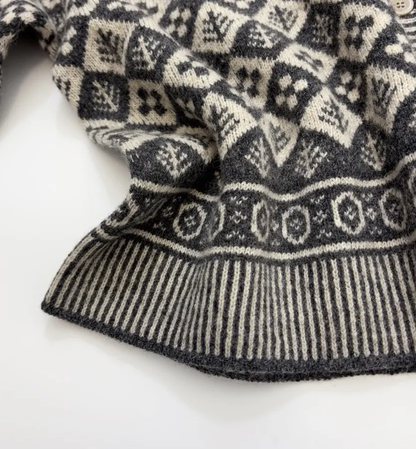 Tree Jacquard Crew-Neck Wool Cardigan in Black and White, product view 09
