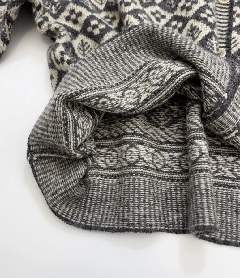 Tree Jacquard Crew-Neck Wool Cardigan in Black and White, product view 11
