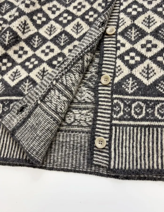 Tree Jacquard Crew-Neck Wool Cardigan in Black and White, product view 13
