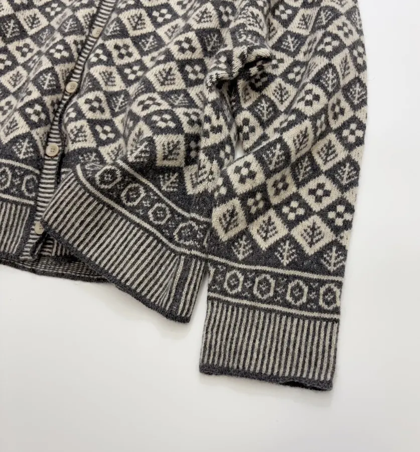 Tree Jacquard Crew-Neck Wool Cardigan in Black and White, product view 14