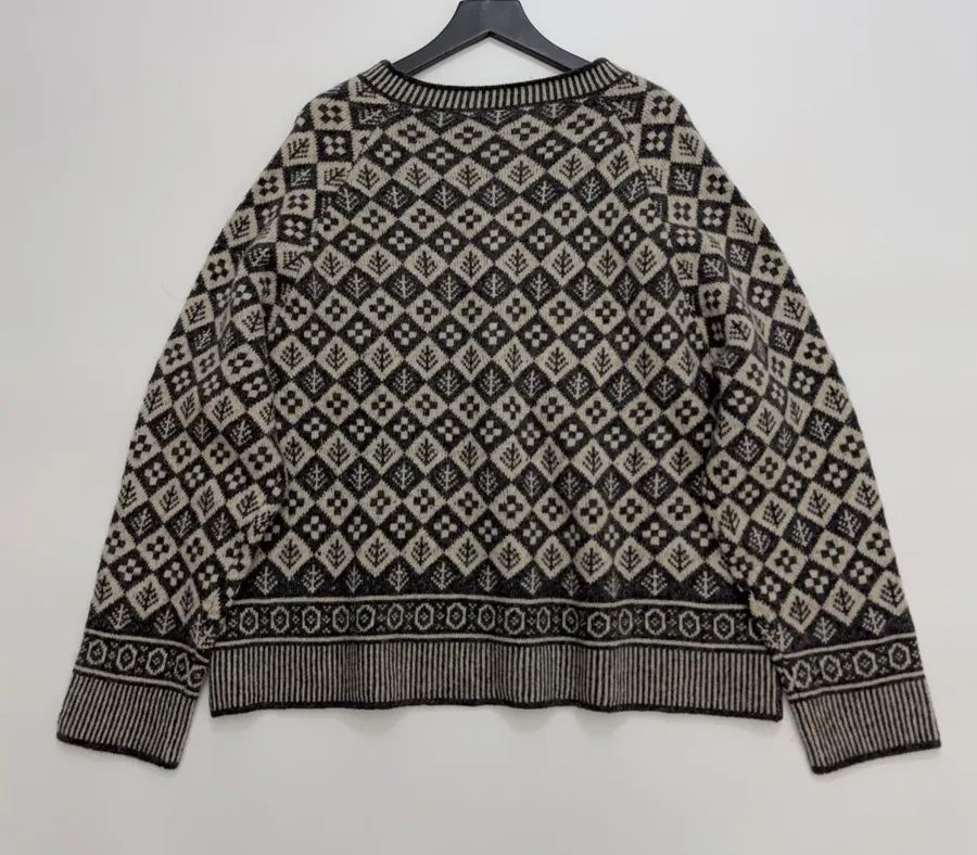 Tree Jacquard Crew-Neck Wool Cardigan in Black and White, product view 15