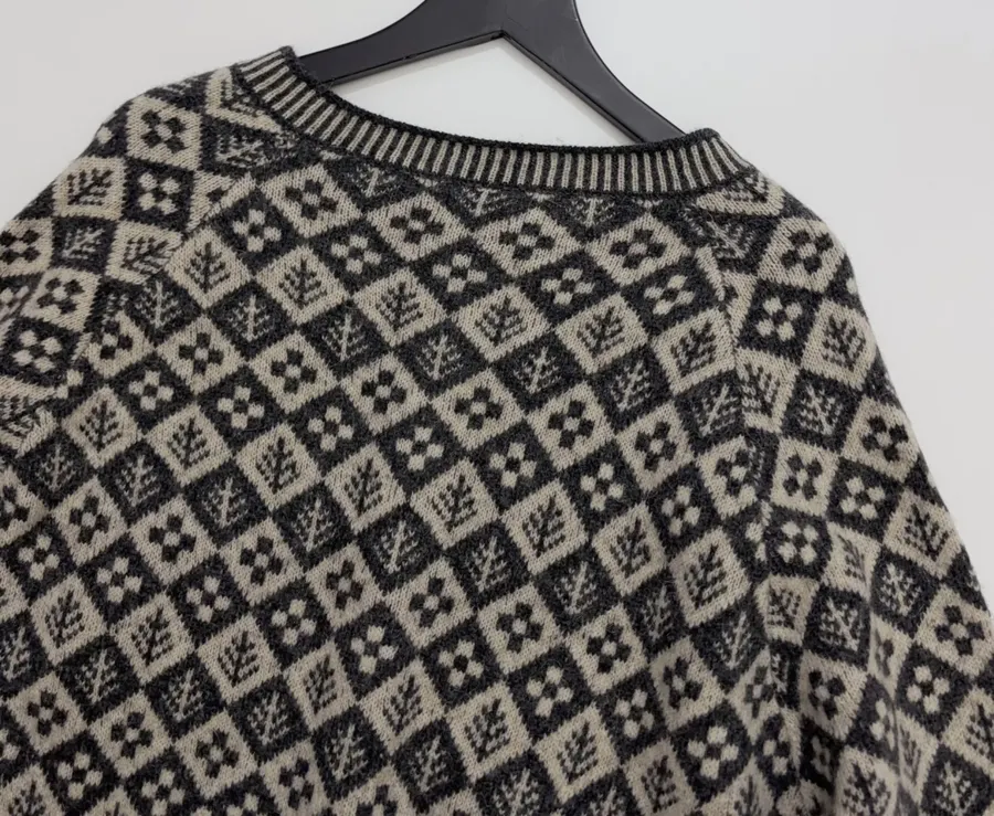 Tree Jacquard Crew-Neck Wool Cardigan in Black and White, product view 16