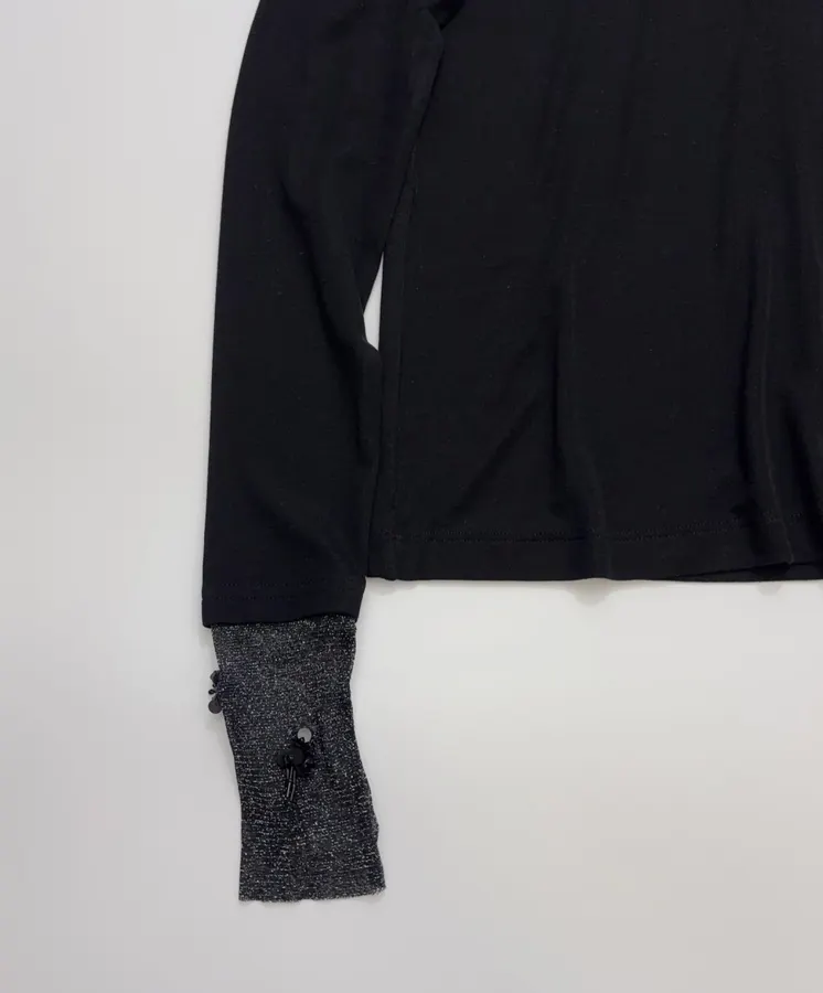Sleeve-cuffed Beaded Patchwork Crew-neck Long-sleeve T-shirt Top in Black, product view 07
