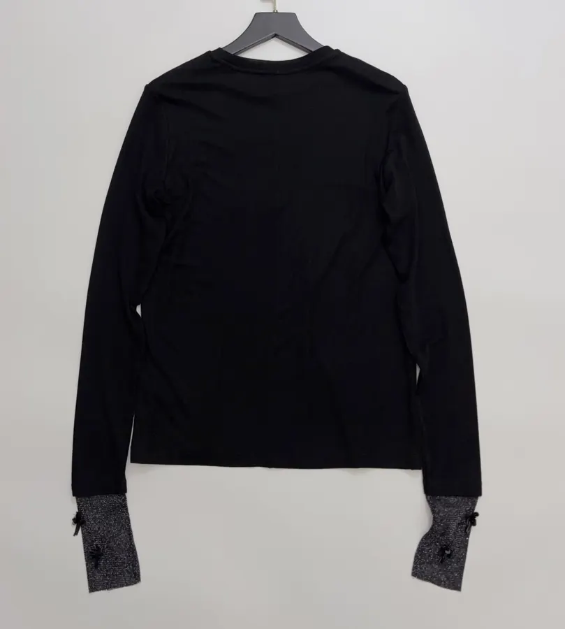 Sleeve-cuffed Beaded Patchwork Crew-neck Long-sleeve T-shirt Top in Black, product view 11