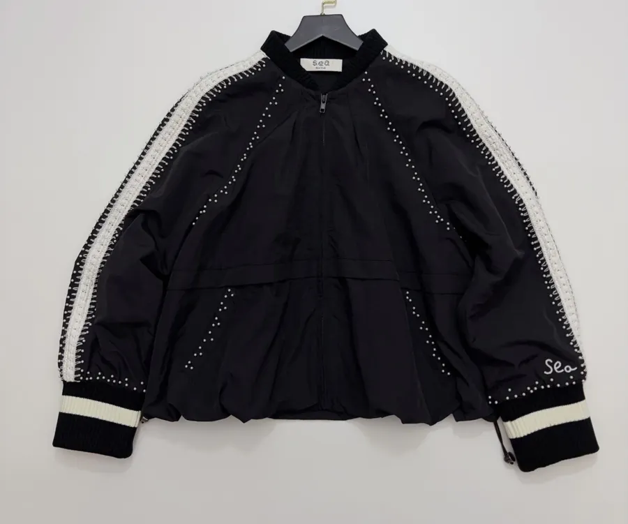 Black Contrast-Trim Stand-Collar Jacket in Black, product view 01