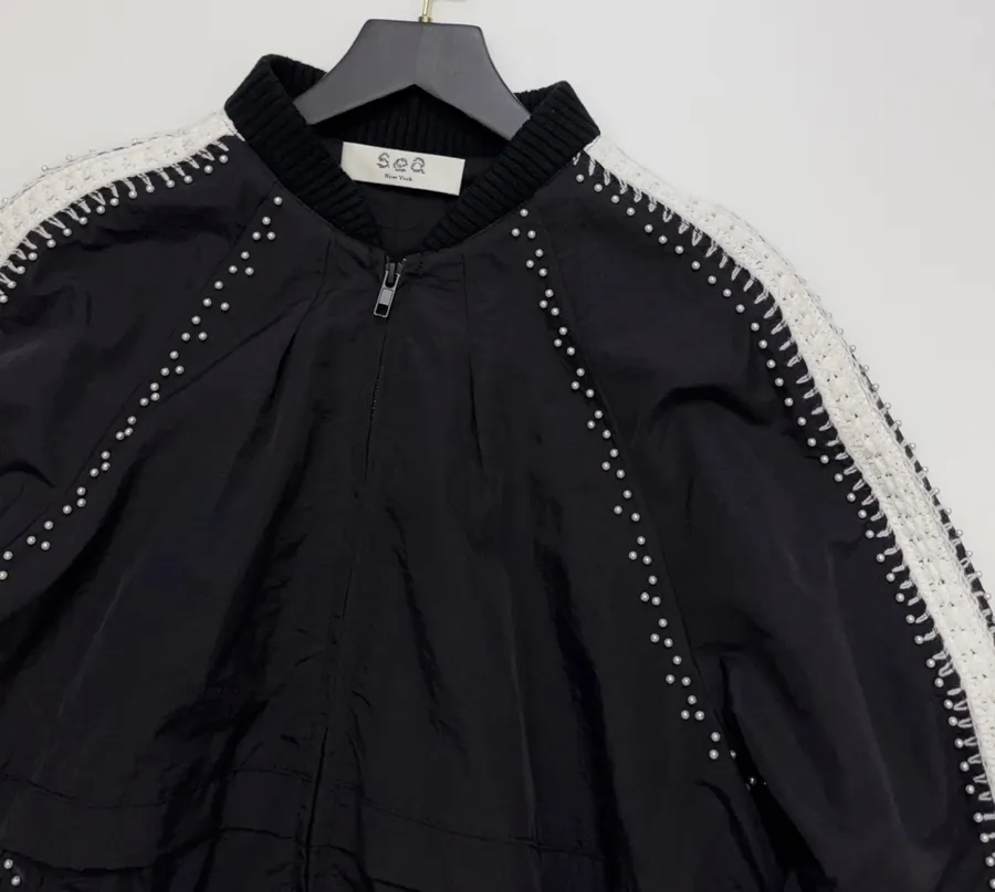 Black Contrast-Trim Stand-Collar Jacket in Black, product view 02