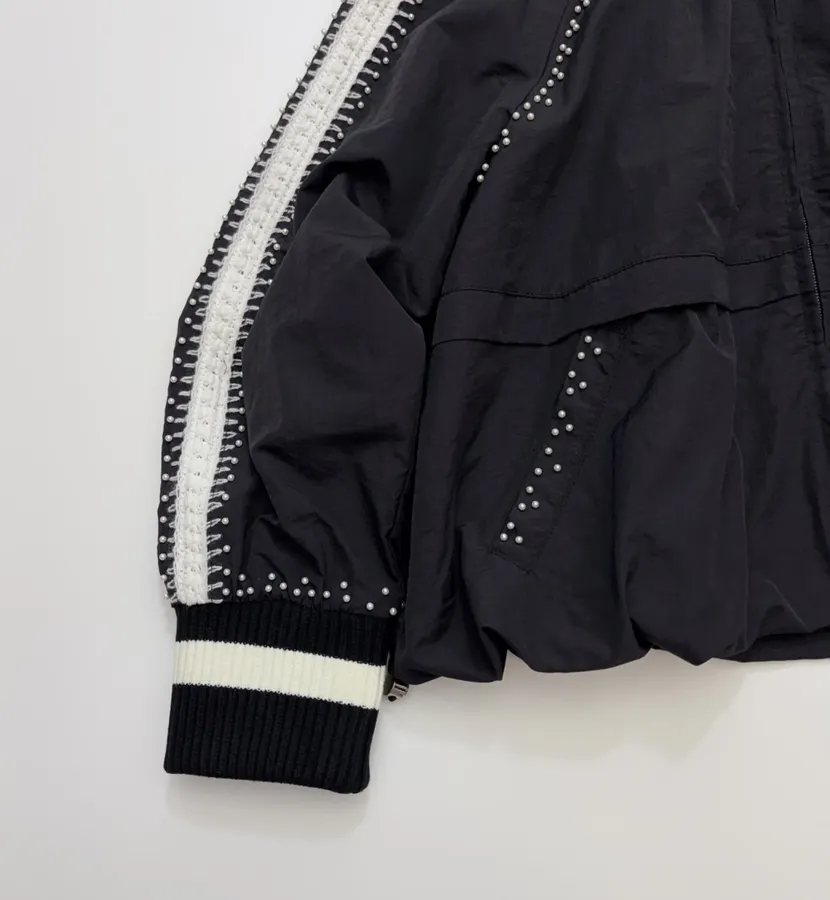 Black Contrast-Trim Stand-Collar Jacket in Black, product view 08