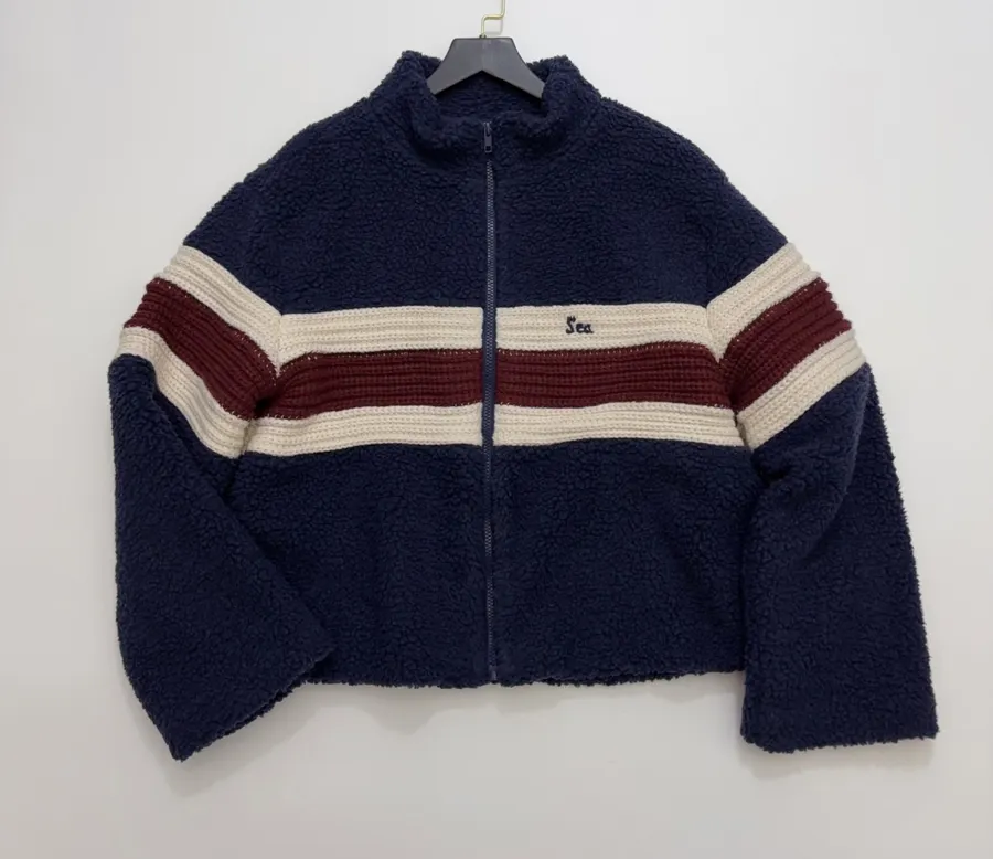 Casual Chain-Embellished Crocheted Velvet Sports Jacket in Navy, product view 03