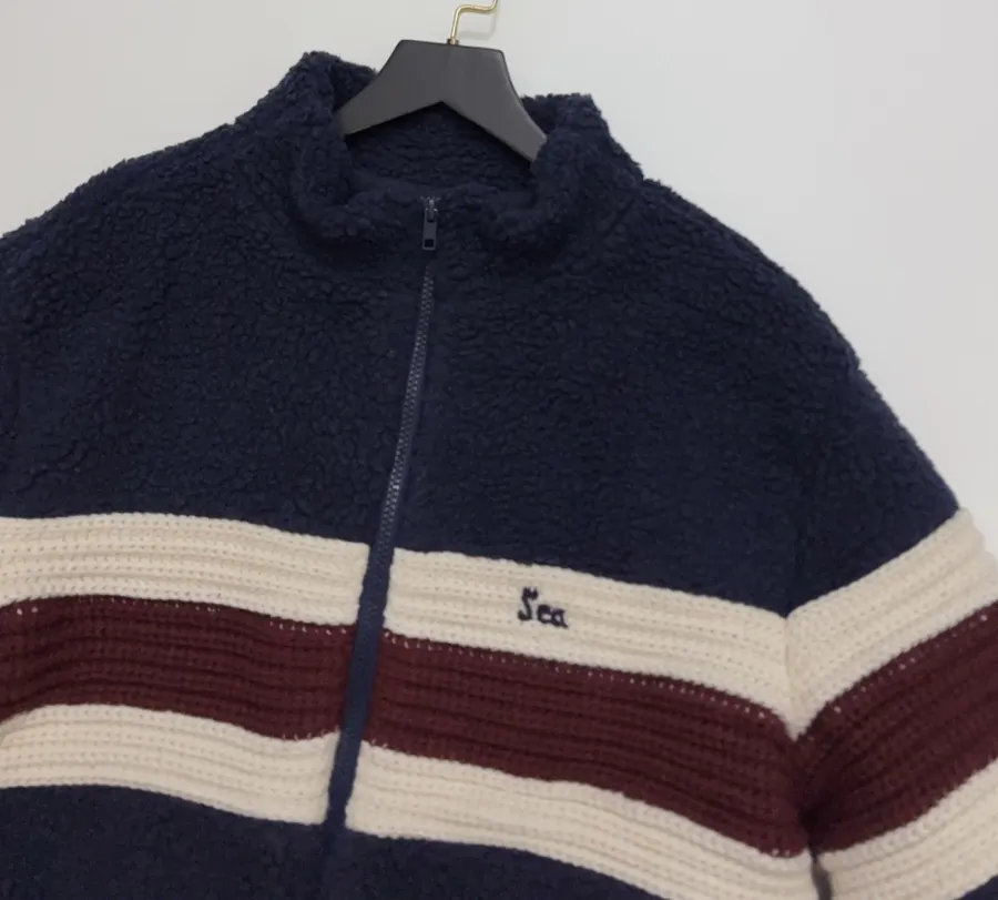 Casual Chain-Embellished Crocheted Velvet Sports Jacket in Navy, product view 06