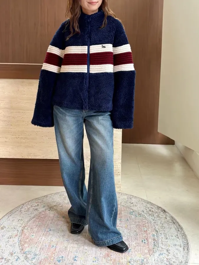 Casual Chain-Embellished Crocheted Velvet Sports Jacket in Navy, product view 22