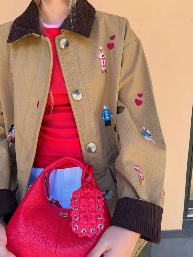 Loose-Fitting Turn-Down Collar Workwear Embroidered Pattern Childlike Retro Work Jacket in Camel, product view 01