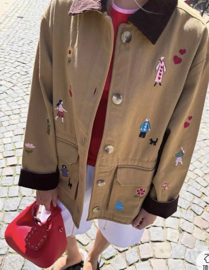 Loose-Fitting Turn-Down Collar Workwear Embroidered Pattern Childlike Retro Work Jacket in Camel, product view 02