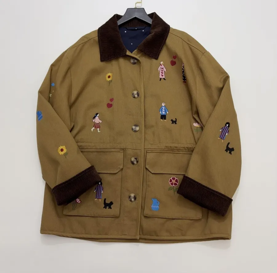 Loose-Fitting Turn-Down Collar Workwear Embroidered Pattern Childlike Retro Work Jacket in Camel, product view 03