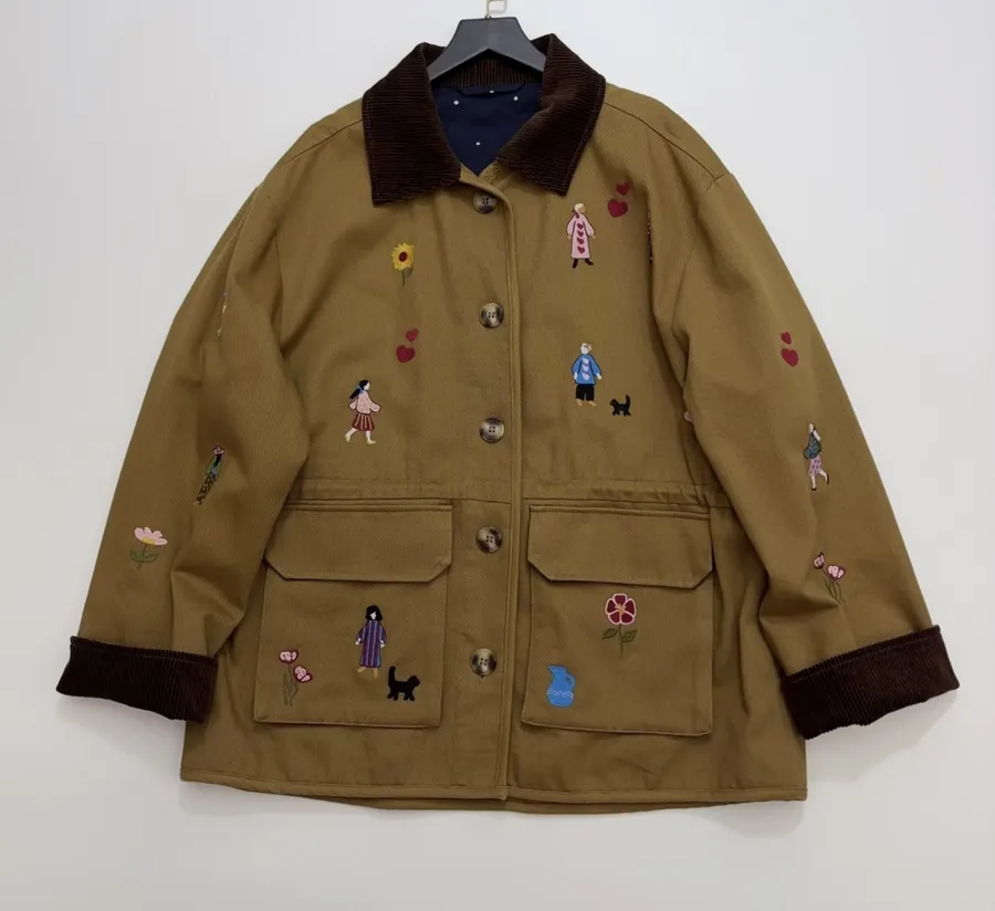 Loose-Fitting Turn-Down Collar Workwear Embroidered Pattern Childlike Retro Work Jacket in Camel, product view 04
