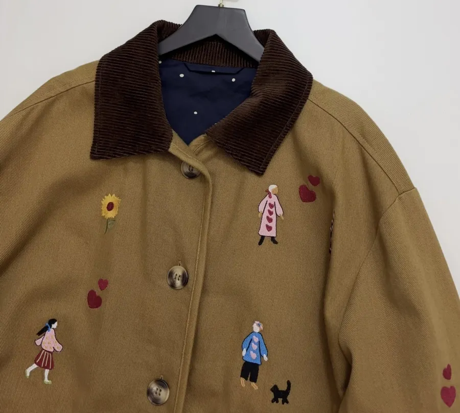 Loose-Fitting Turn-Down Collar Workwear Embroidered Pattern Childlike Retro Work Jacket in Camel, product view 05
