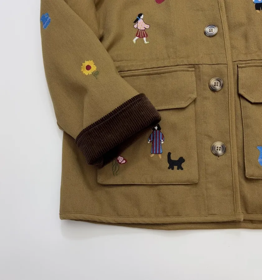 Loose-Fitting Turn-Down Collar Workwear Embroidered Pattern Childlike Retro Work Jacket in Camel, product view 14