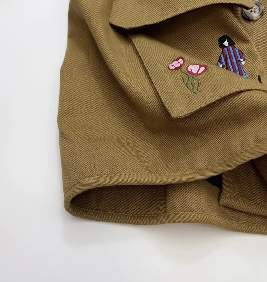 Loose-Fitting Turn-Down Collar Workwear Embroidered Pattern Childlike Retro Work Jacket in Camel, product view 15