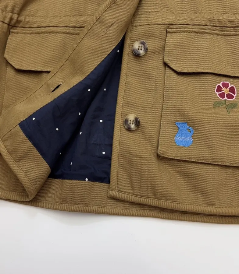 Loose-Fitting Turn-Down Collar Workwear Embroidered Pattern Childlike Retro Work Jacket in Camel, product view 17