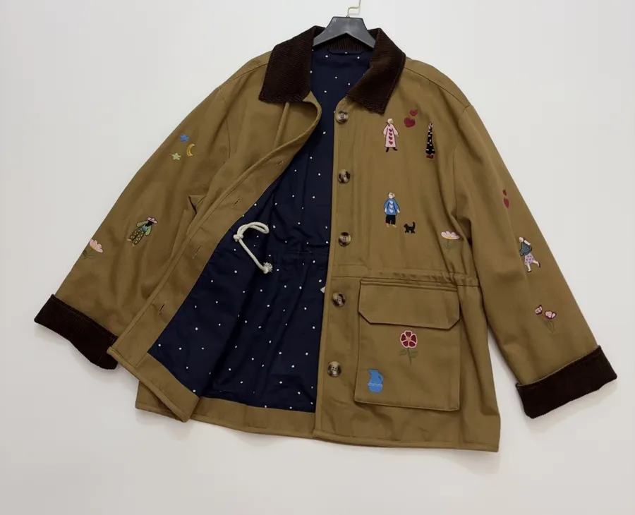 Loose-Fitting Turn-Down Collar Workwear Embroidered Pattern Childlike Retro Work Jacket in Camel, product view 18