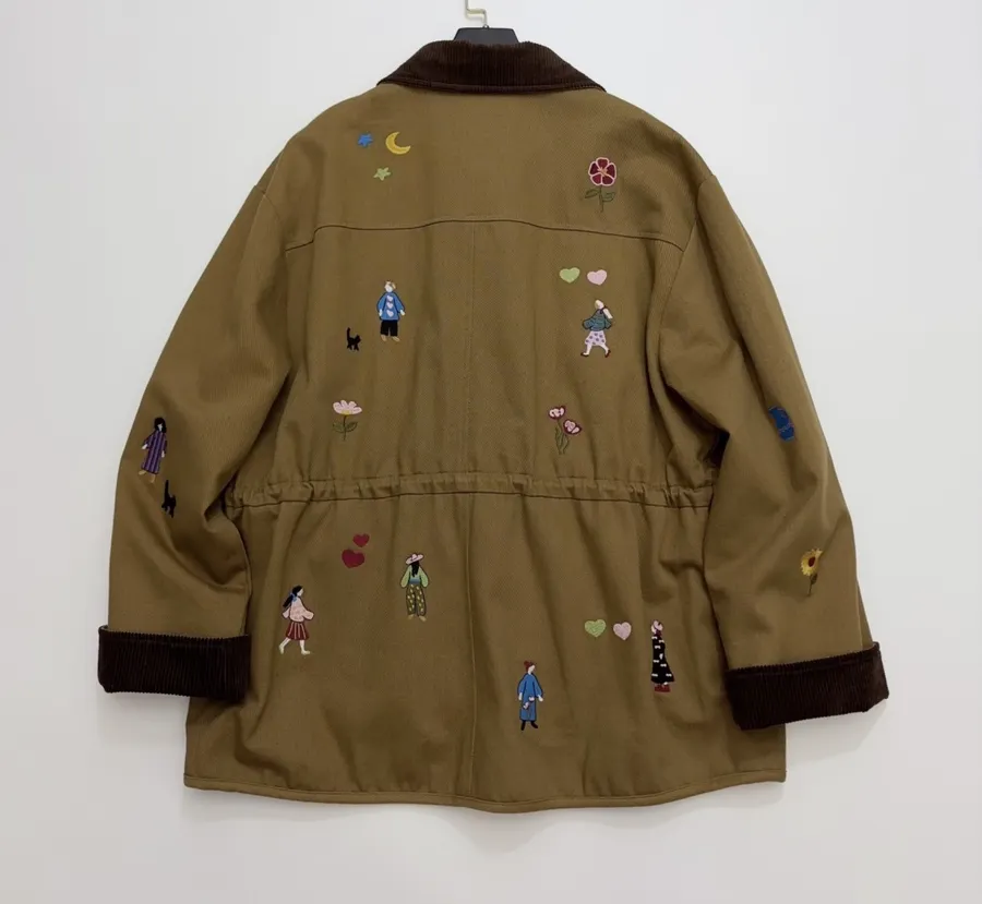 Loose-Fitting Turn-Down Collar Workwear Embroidered Pattern Childlike Retro Work Jacket in Camel, product view 21
