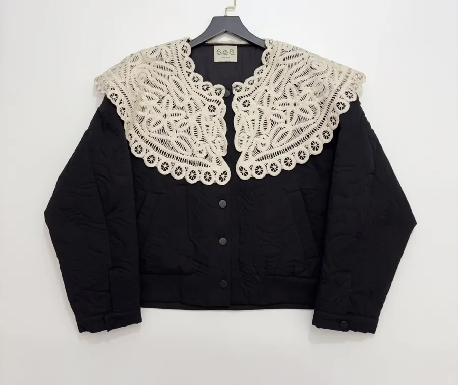 Black Oversized Lace-Collar Quilted Jacket in Black, product view 01