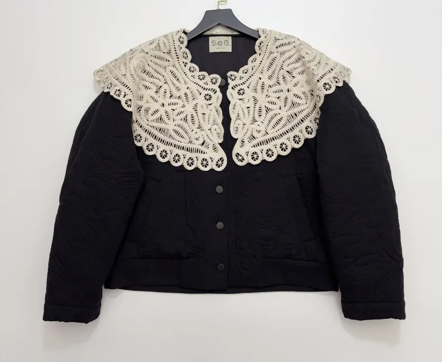 Black Oversized Lace-Collar Quilted Jacket in Black, product view 02