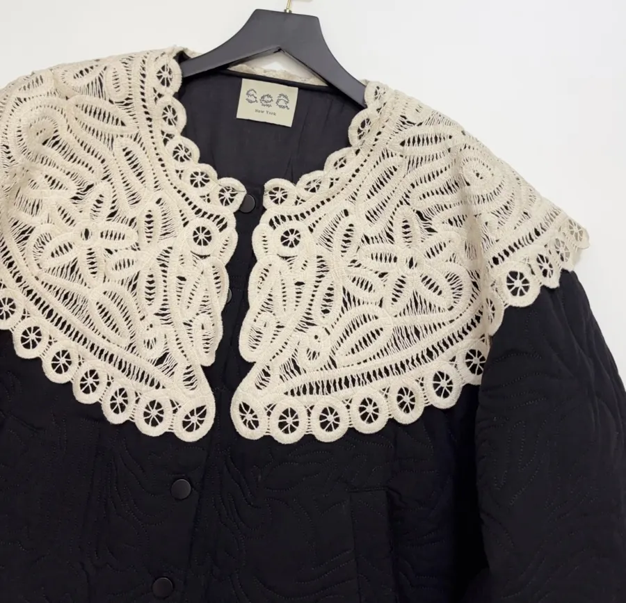 Black Oversized Lace-Collar Quilted Jacket in Black, product view 03