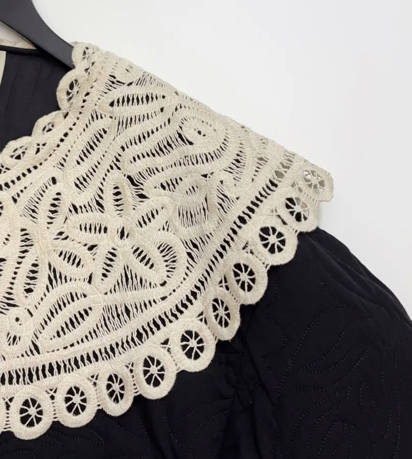 Black Oversized Lace-Collar Quilted Jacket in Black, product view 04