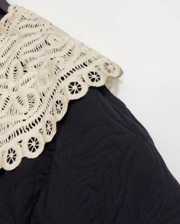 Black Oversized Lace-Collar Quilted Jacket in Black, product view 05
