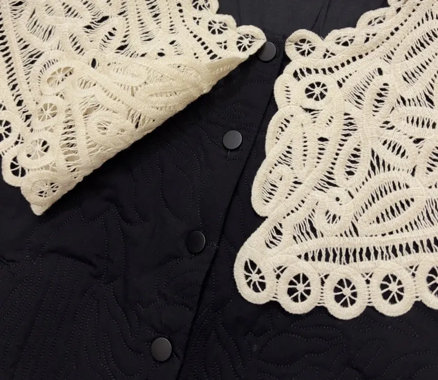 Black Oversized Lace-Collar Quilted Jacket in Black, product view 06