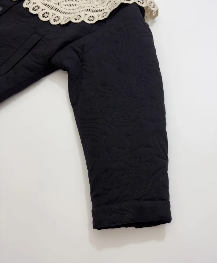 Black Oversized Lace-Collar Quilted Jacket in Black, product view 07
