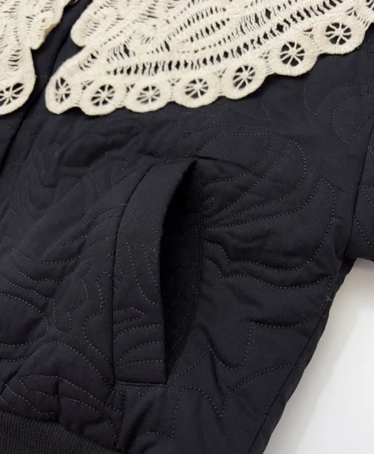 Black Oversized Lace-Collar Quilted Jacket in Black, product view 09