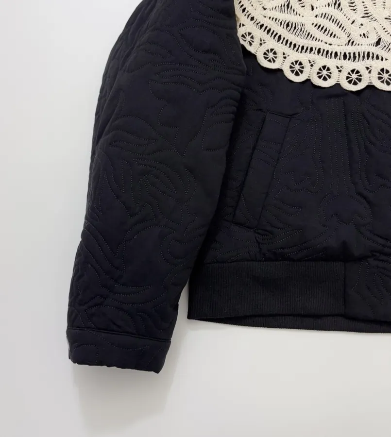 Black Oversized Lace-Collar Quilted Jacket in Black, product view 10