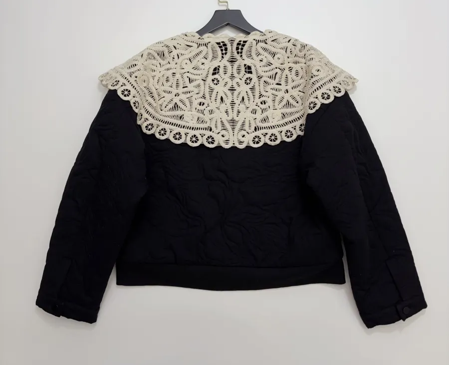 Black Oversized Lace-Collar Quilted Jacket in Black, product view 15
