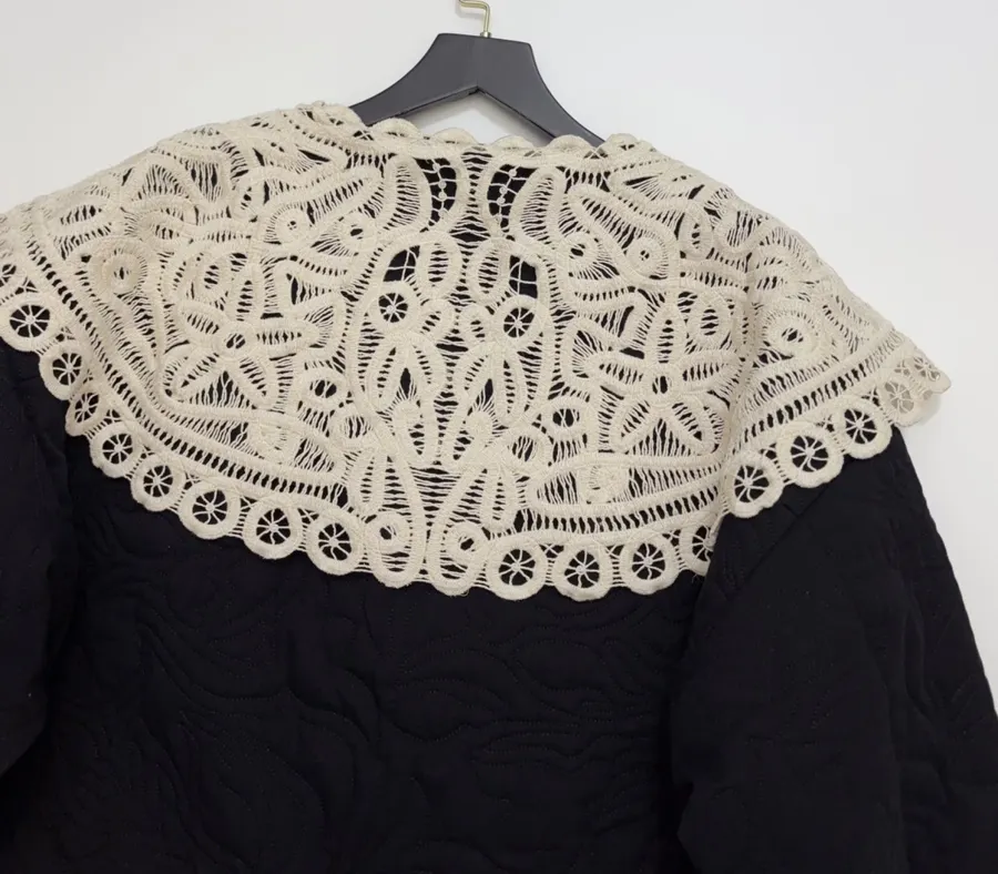 Black Oversized Lace-Collar Quilted Jacket in Black, product view 16