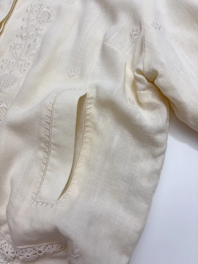 French Retro Embroidered Flower Vacation-Style Long-Sleeve Shirt in Off-White, product view 10