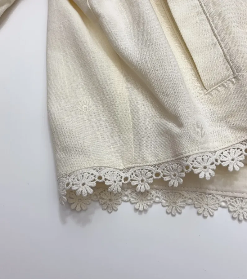 French Retro Embroidered Flower Vacation-Style Long-Sleeve Shirt in Off-White, product view 12