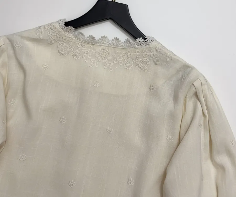 French Retro Embroidered Flower Vacation-Style Long-Sleeve Shirt in Off-White, product view 17