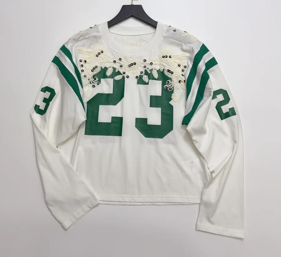 Ivory and Green Number Graphic Long-Sleeve Jersey in Off-White, product view 01