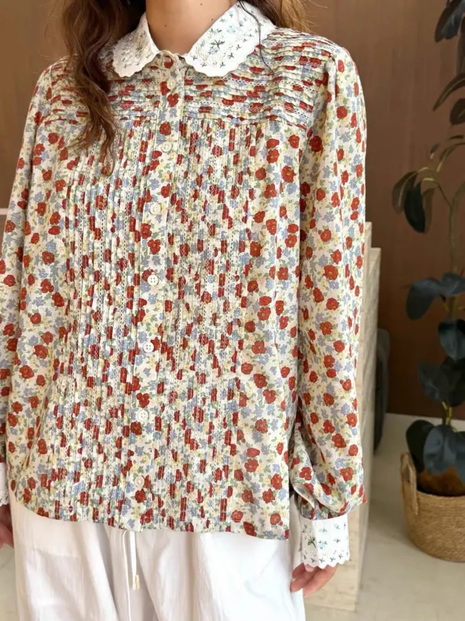 Casual Floral Doll Collar Printed Long-Sleeve Shirt in Ivory, product view 02
