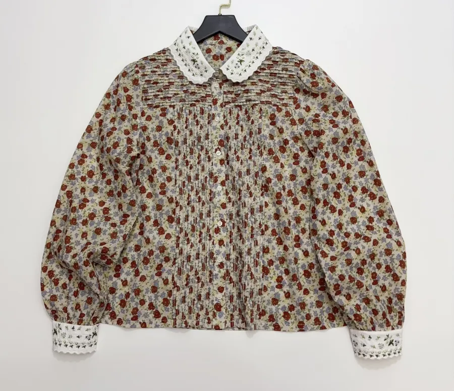 Casual Floral Doll Collar Printed Long-Sleeve Shirt in Ivory, product view 03