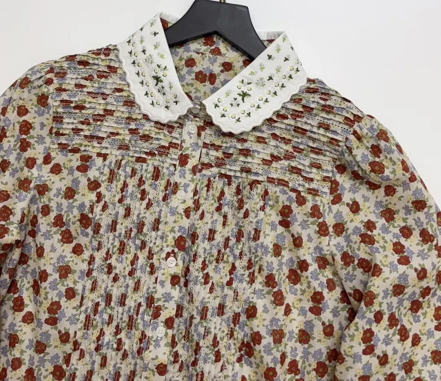 Casual Floral Doll Collar Printed Long-Sleeve Shirt in Ivory, product view 04