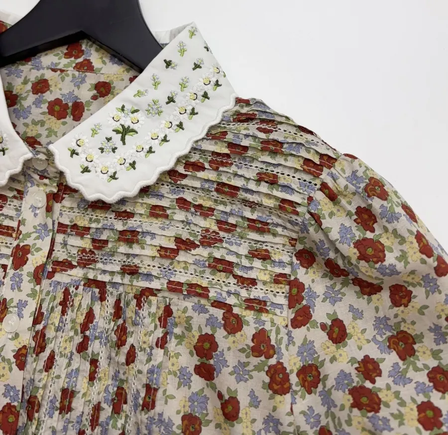 Casual Floral Doll Collar Printed Long-Sleeve Shirt in Ivory, product view 05