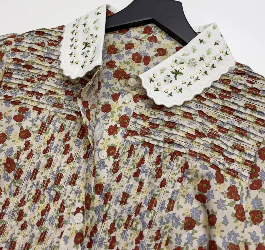 Casual Floral Doll Collar Printed Long-Sleeve Shirt in Ivory, product view 07