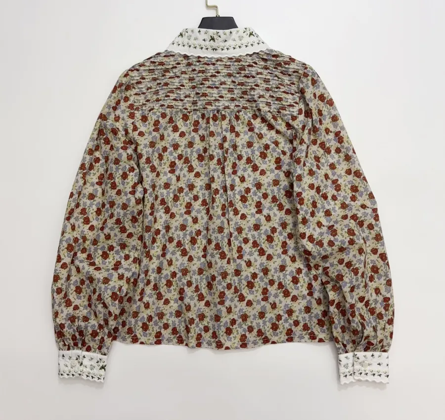 Casual Floral Doll Collar Printed Long-Sleeve Shirt in Ivory, product view 16