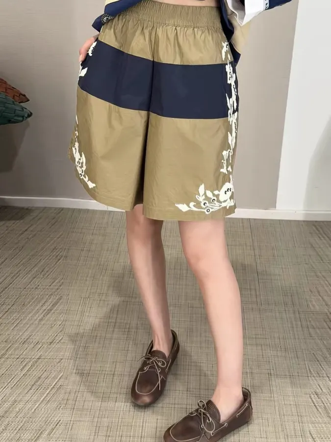 Floral Beaded Elastic-Waist Athletic Shorts in Khaki, product view 01