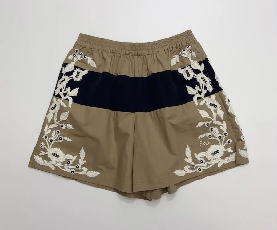 Floral Beaded Elastic-Waist Athletic Shorts in Khaki, product view 02