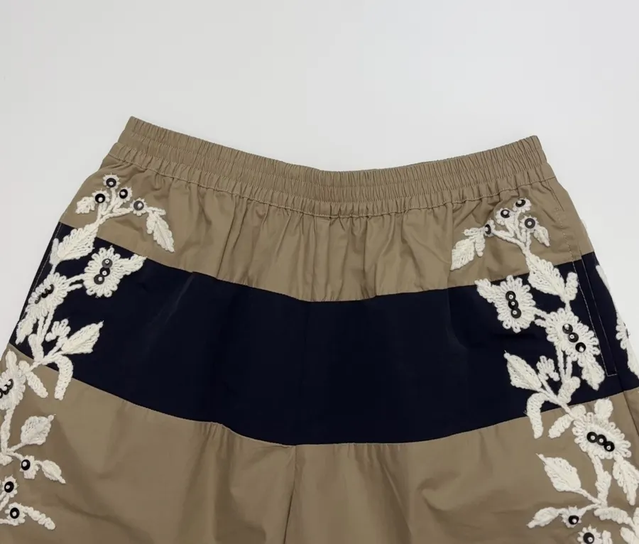 Floral Beaded Elastic-Waist Athletic Shorts in Khaki, product view 03