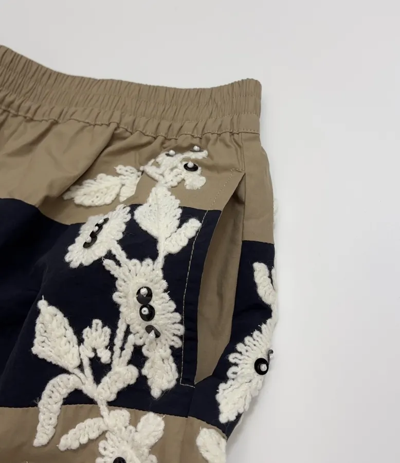 Floral Beaded Elastic-Waist Athletic Shorts in Khaki, product view 05