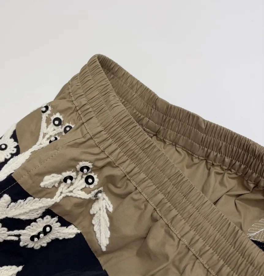 Floral Beaded Elastic-Waist Athletic Shorts in Khaki, product view 07